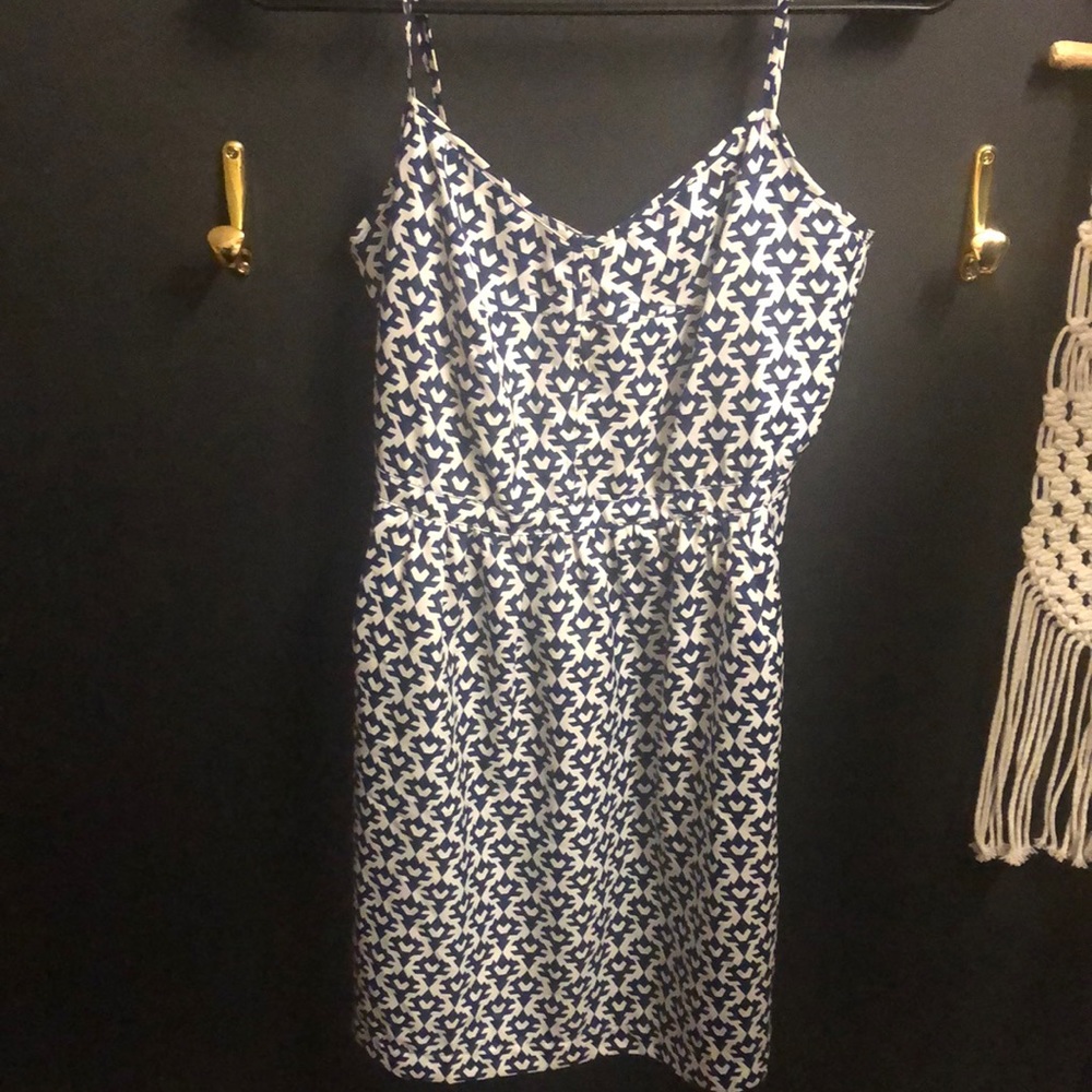 Blue and white J Crew patterned dress worn to a spring wedding.